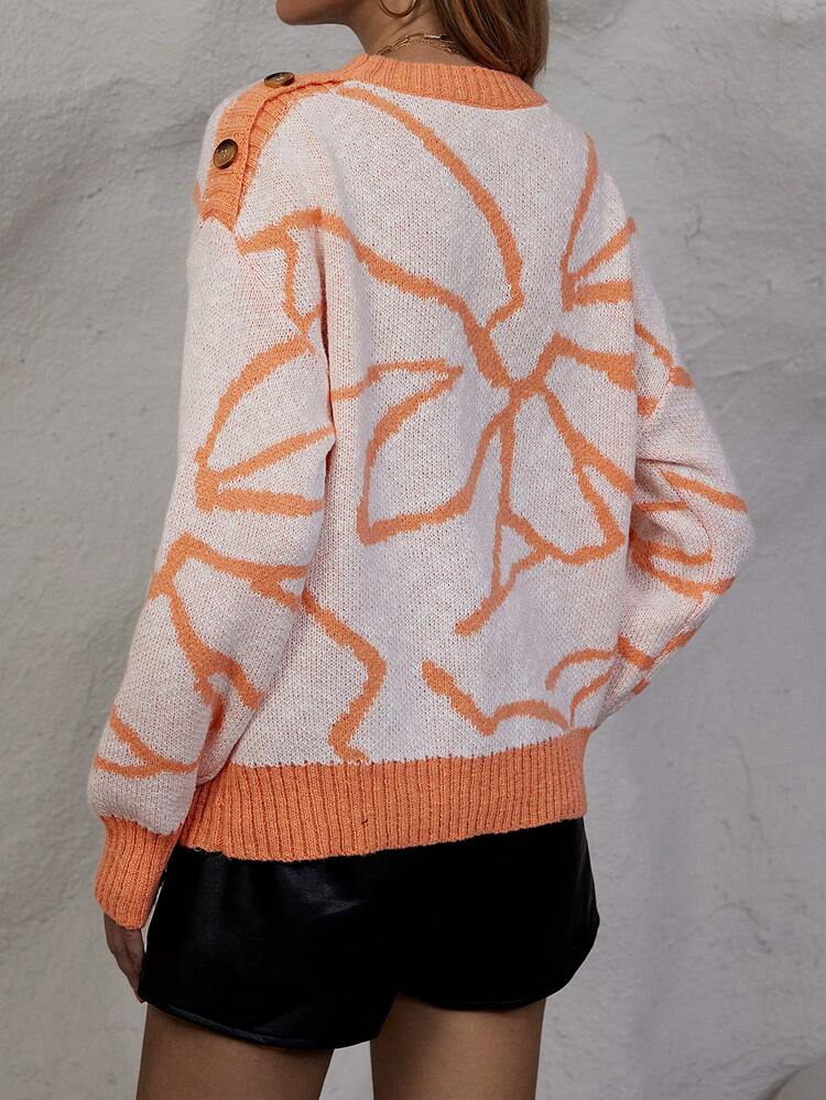 Floral Pattern Drop Shoulder Knit Pullover Fall Winter Sweater