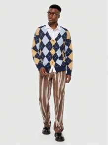 ROMWE MEN Academia Hombres Cárdigan con patrón de rombo de cuello V - Multicolor - Ver 2