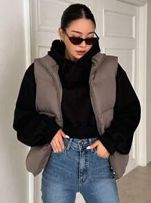 DAZY Zip Up Padded Vest Thick Pockets Coat, Women Winter Coat Jacket - Coffee Brown - View 3