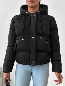 EURMUSE Zip Up Drawstring Hooded Puffer Coat - Black - View 4