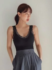 DAZY Contrast Lace Thermal Underwear Top,Thermal Lined Fall,Winter - Black - View 6