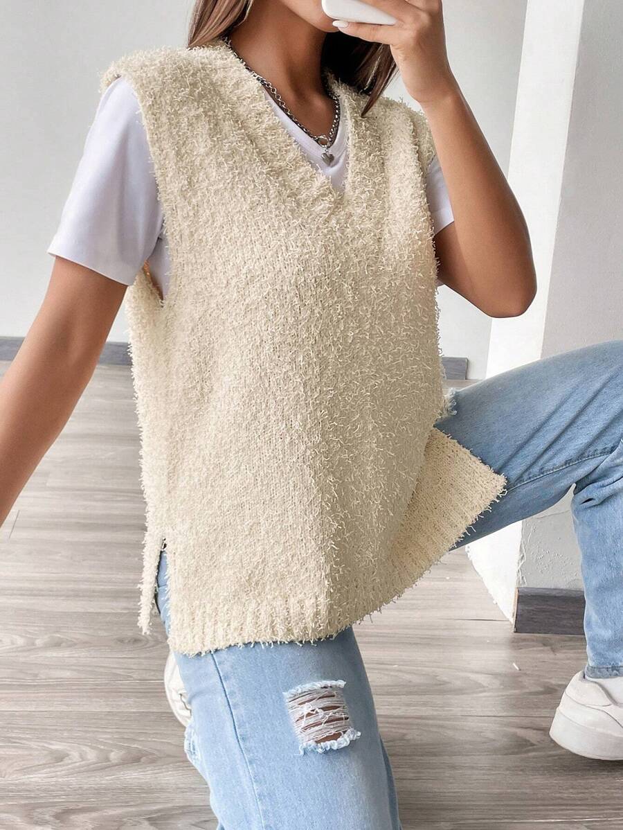 SHEIN Unity Solid Slit Hem Sweater Vest Without Tee - Apricot - View 1