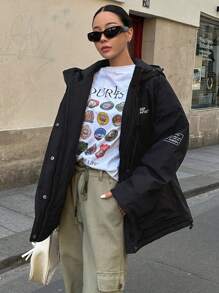 DAZY Letter Graphic Flap Pocket Drop Shoulder Drawstring Hooded Winter Thick Pockets Coat ,Winter Women Clothes,Winter Coat Women Jacket - Black - View 6