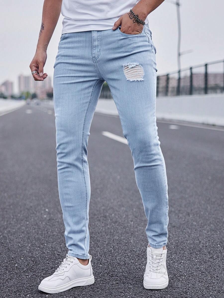 Manfinity Homme Men Light Wash Ripped Skinny Jeans Slim Fit Long Frayed Jean Cargo Plain Blue Office Basic Husband Work Going Out Urban Vacation College