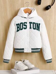 SHEIN Tween Girl Letter Patched Striped Trim Quilted Varsity Jacket - White - View 7