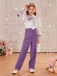 SHEIN Leap Crew 女大童印花燈籠袖襯衫和褲子 - 彩色 - 查看 3