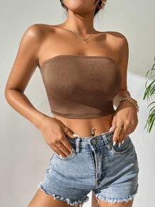 SHEIN PETITE Áo nữ màu trơn Giải trí - màu nâu - Xem 3