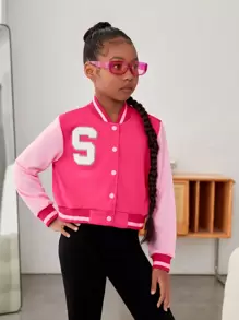 SHEIN Tween Girl Letter Patched Striped Trim Colorblock Varsity Jacket, Pink Jacket For Teen Girls, Letterman Jacket For Girls, Girls Varsity Jacket, Tween Varsity Jacket - Hot Pink - View 4