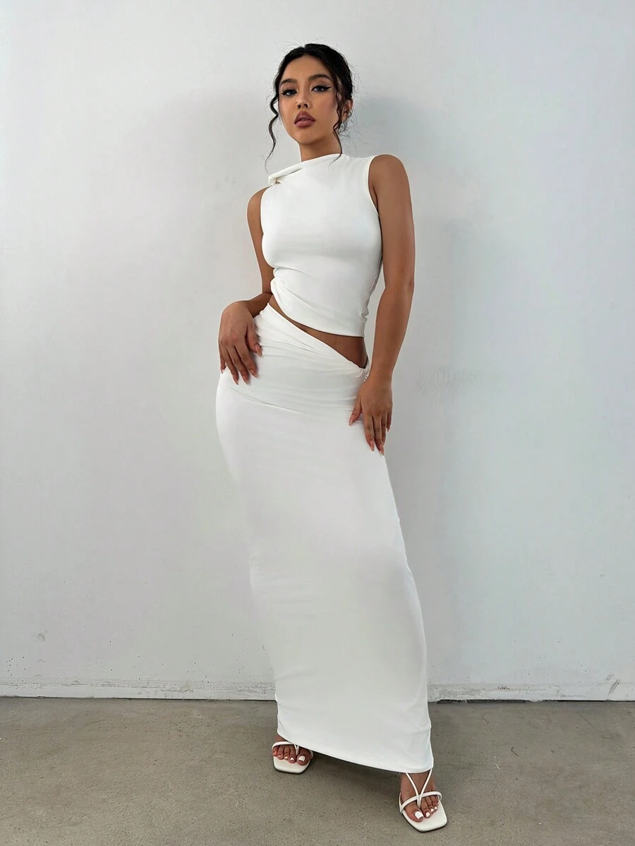 SHEIN Unity Mock Neck Crop Tank Top & Pencil Skirt - White - View 1