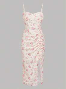 SHEIN Leap Crew Teen Girls Floral Print Ruched Split Thigh Cami Dress - Apricot - View 1