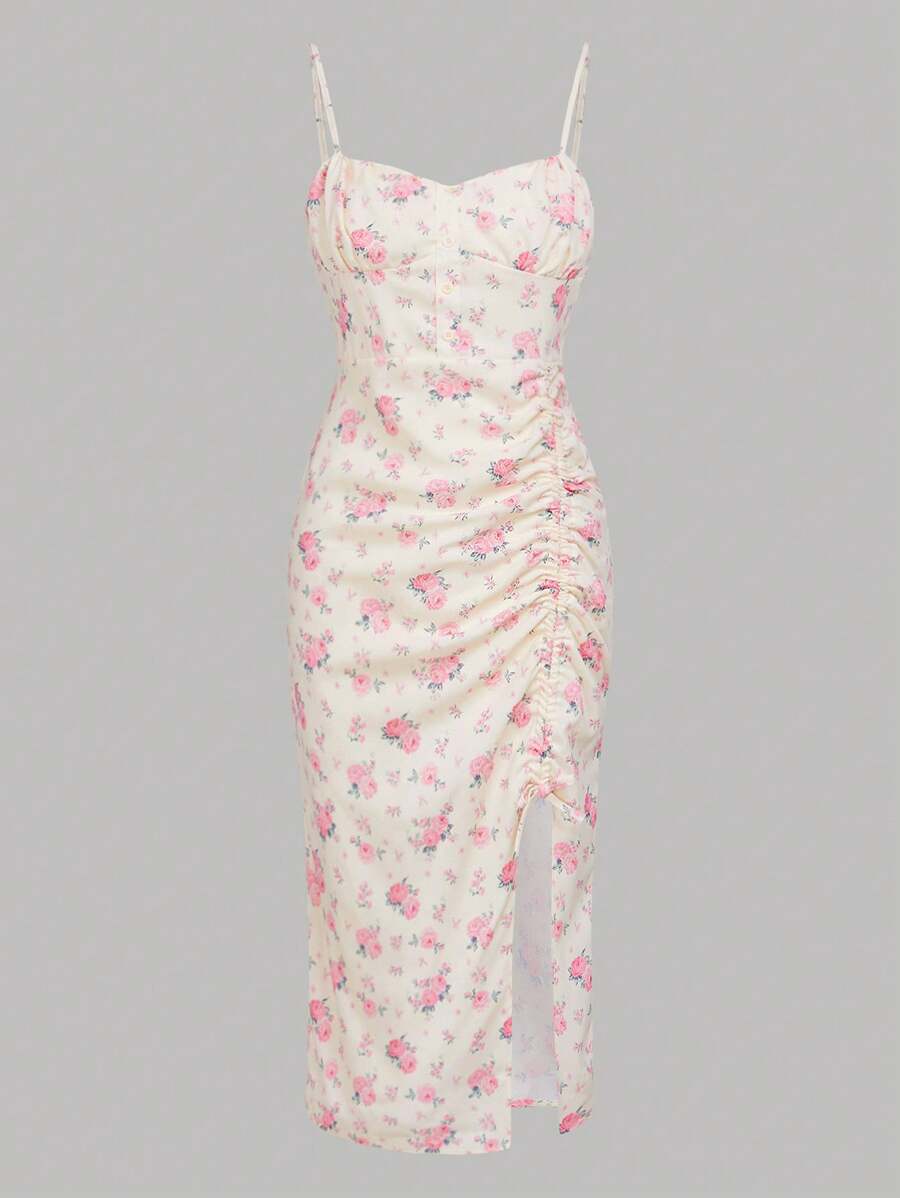 SHEIN Leap Crew Teen Girls Floral Print Ruched Split Thigh Cami Dress - Apricot - View 1