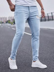 Manfinity Homme Men Light Wash Ripped Skinny Jeans Slim Fit Long Frayed Jean Cargo Plain Blue Office Basic Husband Work Going Out Urban Vacation College