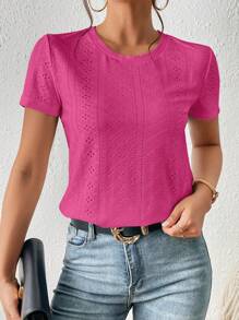 SHEIN Frenchy Camiseta unicolor con bordado con ojal - Rosa - Ver 1