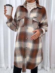 SHEIN Maternity Plaid Print Drop Shoulder Coat - Brown - View 3