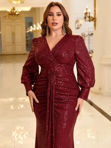 Plus Draped Detail Sequin Prom Dress - Burgundy - View 6