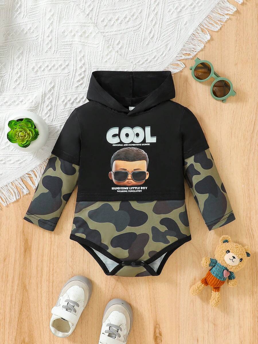 SHEIN Baby Boy Letter & Camo Print Hooded Bodysuit - Black - View 1