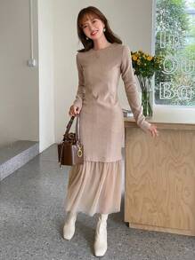 FRIFUL Contrast Mesh Mermaid Hem Bodycon Dress - Coffee Brown - View 7