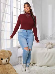 SHEIN PETITE CURVE 大码女式纯色高领长袖罗纹修身休闲 T 恤，秋季 - 酒紅色 - 查看 4