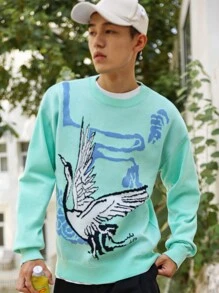 Manfinity Hypemode Hombres Suéter con estampado de grulla y hombros caídos - Multicolor - Ver 6