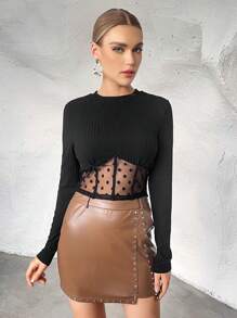 SHEIN Privé Lưới Dobby tương phản Đồ đan Ribbed Áo thun - Màu Khaki - Xem 5