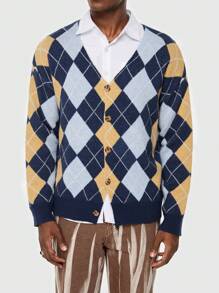 ROMWE MEN Academia Hombres Cárdigan con patrón de rombo de cuello V - Multicolor - Ver 5