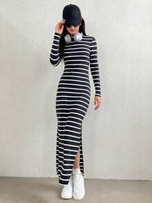 SHEIN Unity Striped Print Split Thigh Bodycon Dress - Black and White - View 4