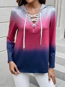 SHEIN LUNE Ombre Sznurowany przód Bluza z kapturem - Różowy - Zobacz 5