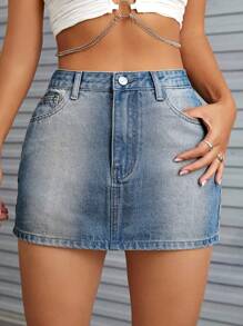 SHEIN ICON Drop Waist Denim Skirt