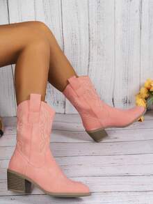 Styleloop 女性戶外粉色的西部風格粗跟靴子 - 粉色 - 查看 4