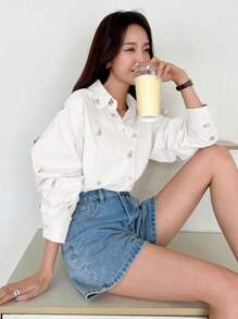 DAZY Floral Embroidery Drop Shoulder Button Front Shirt Long Sleeve Top - White - View 4