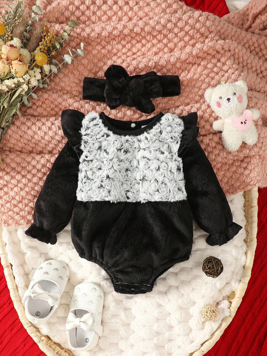 Baby Girl Contrast Lace Ruffle Trim Flounce Sleeve Bodysuit & Headband - Multicolor - View 1