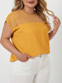 SHEIN Clasi Hơn Ren tương phản tay cánh Đen Áo sơ mi - Màu vàng - Xem 5