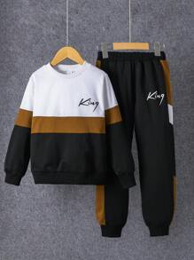 Tween Boy Letter Graphic Colorblock Pullover & Sweatpants - Black - View 1