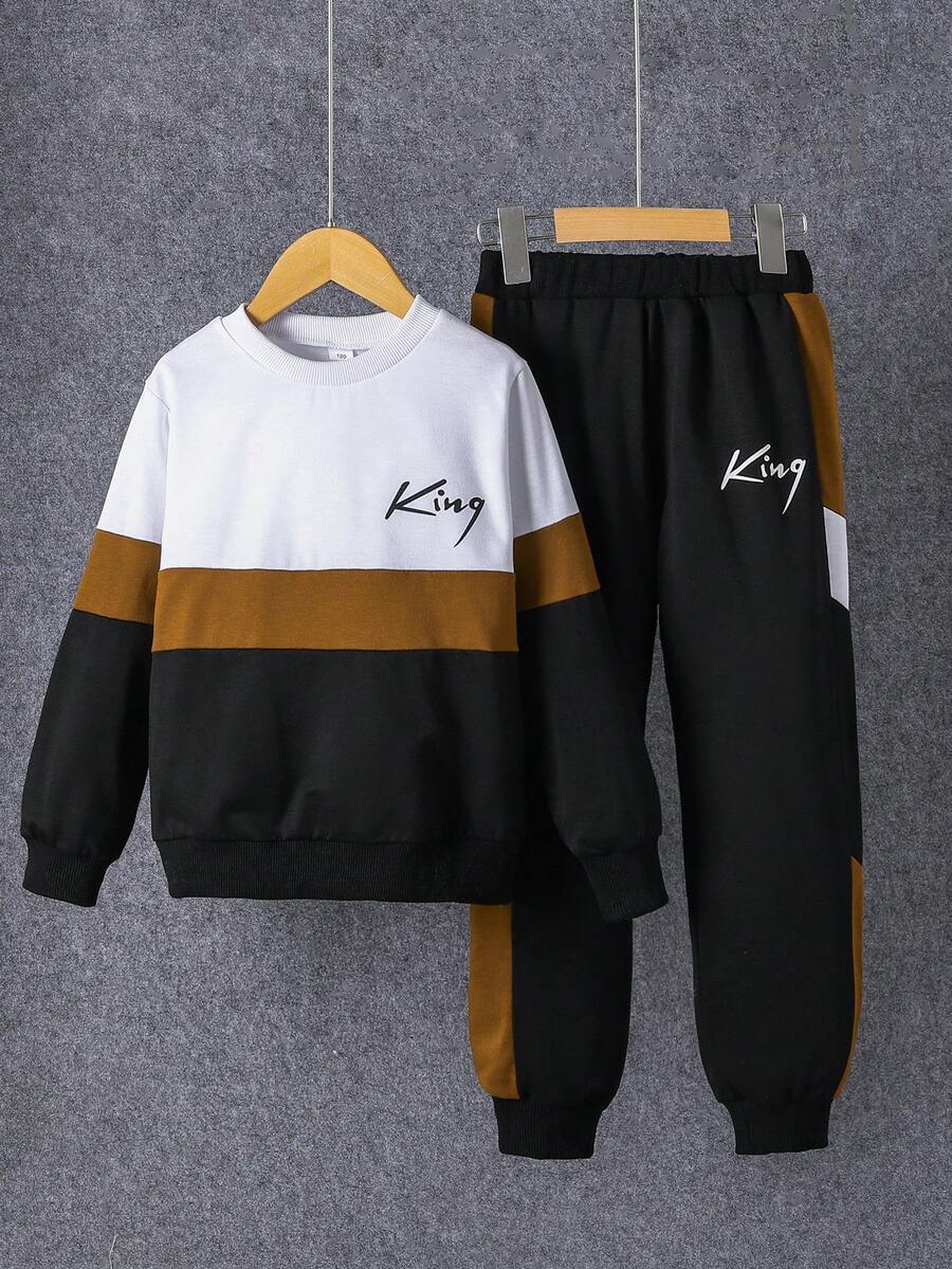 Tween Boy Letter Graphic Colorblock Pullover & Sweatpants - Black - View 1