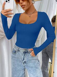 SHEIN EZwear 大圓領條紋針織T恤 - 藍色 - 查看 4