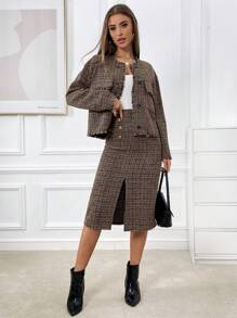 SHEIN Privé 高腰格紋雙排釦高衩半身裙 - 彩色 - 查看 5