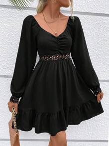 SHEIN VCAY Chèn ren Guipure Xù Hoa Sen Đầm - màu đen - Xem 5