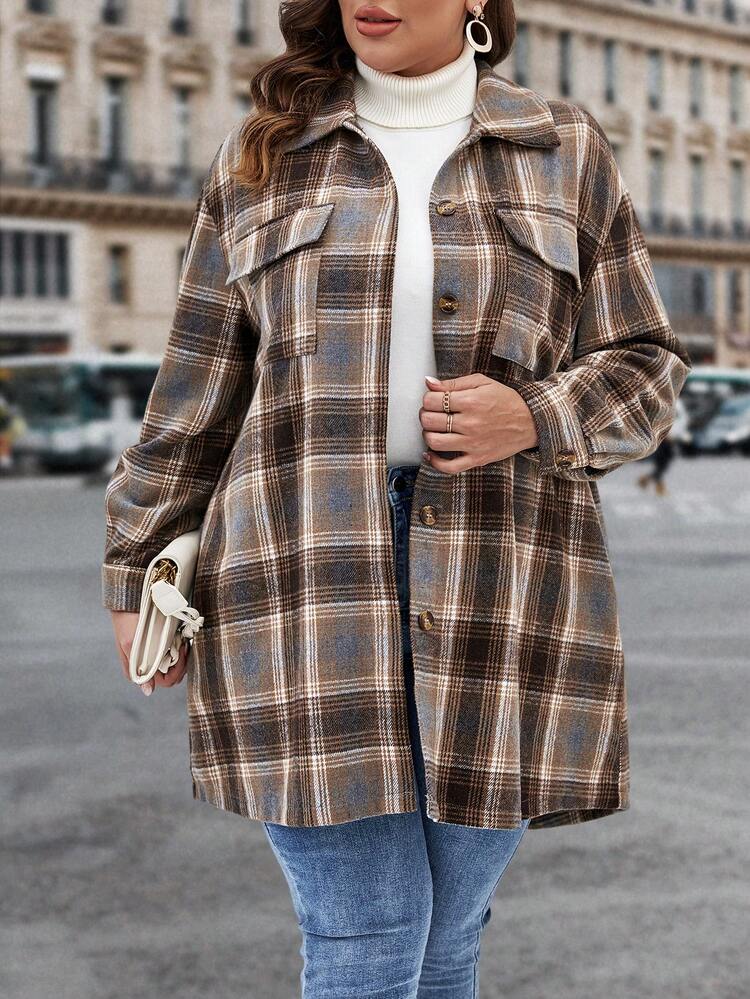 Plus Plaid Print Drop Shoulder Flap Pocket Overcoat