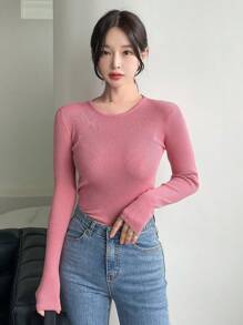 DAZY 休闲商务纯色修身毛衣，秋季女装 - 粉色 - 查看 3