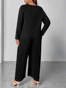 Celure 大碼純色闊腿連身褲 - 黑色 - 查看 2