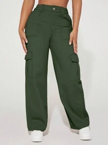 SHEIN PETITE High Waist Flap Pocket Cargo Jeans - Army Green - View 3