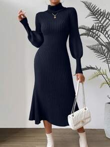 Chiquease Turtleneck Lantern Sleeve Sweater Dress - Navy Blue - View 1
