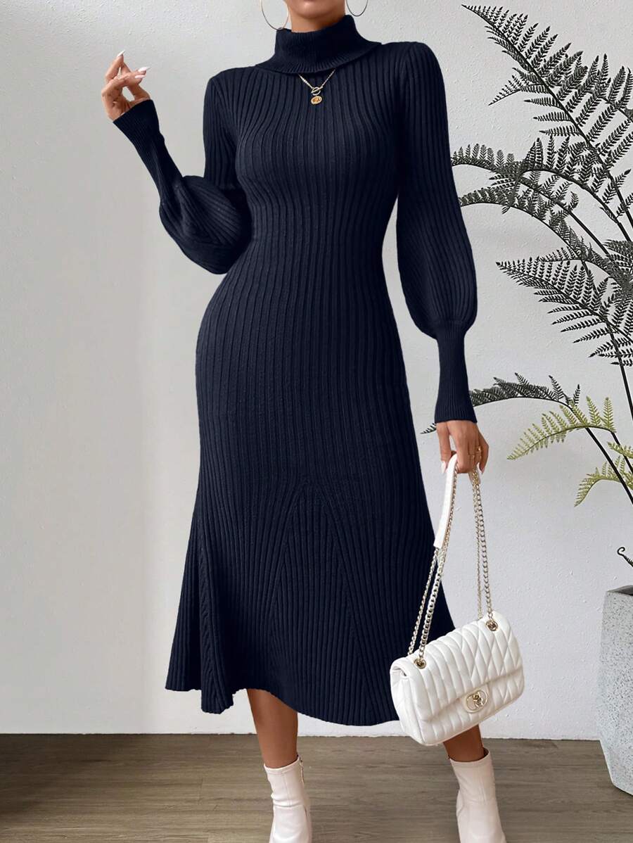 Chiquease Turtleneck Lantern Sleeve Sweater Dress - Navy Blue - View 1