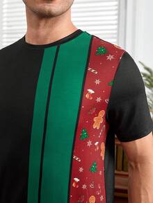 GENTILAND 男士聖誕印花拼色T恤 - 黑色 - 查看 3