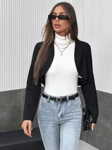 SHEIN Privé 素色開門襟短夾克 - 黑色 - 查看 2