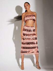 SHEIN BAE Sequin Tube Top & Layered Fringe Trim Skirt