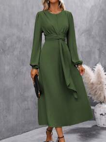 SHEIN Clasi Chất rắn Tay áo lồng đèn Váy có thắt lưng - xanh quân đội - Xem 5