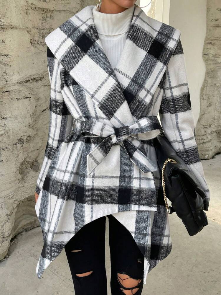 Plaid Print Shawl Collar Asymmetrical Hem Belted Overcoat