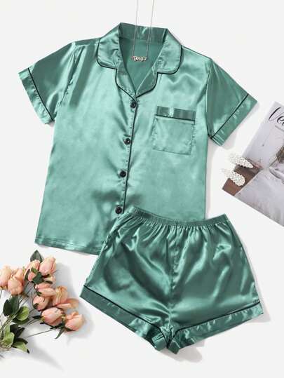 Kontrast Paspel Satin Pyjama Set