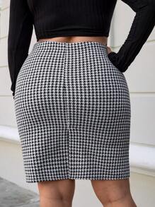 RueChic Plus Houndstooth Print Flap Detail Skirt - Black and White - View 3